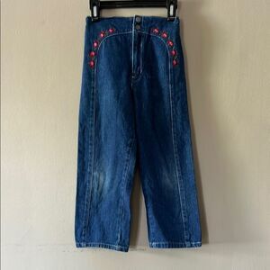 Vintage Kids Blue Jeans with Pink Floral Embroidery